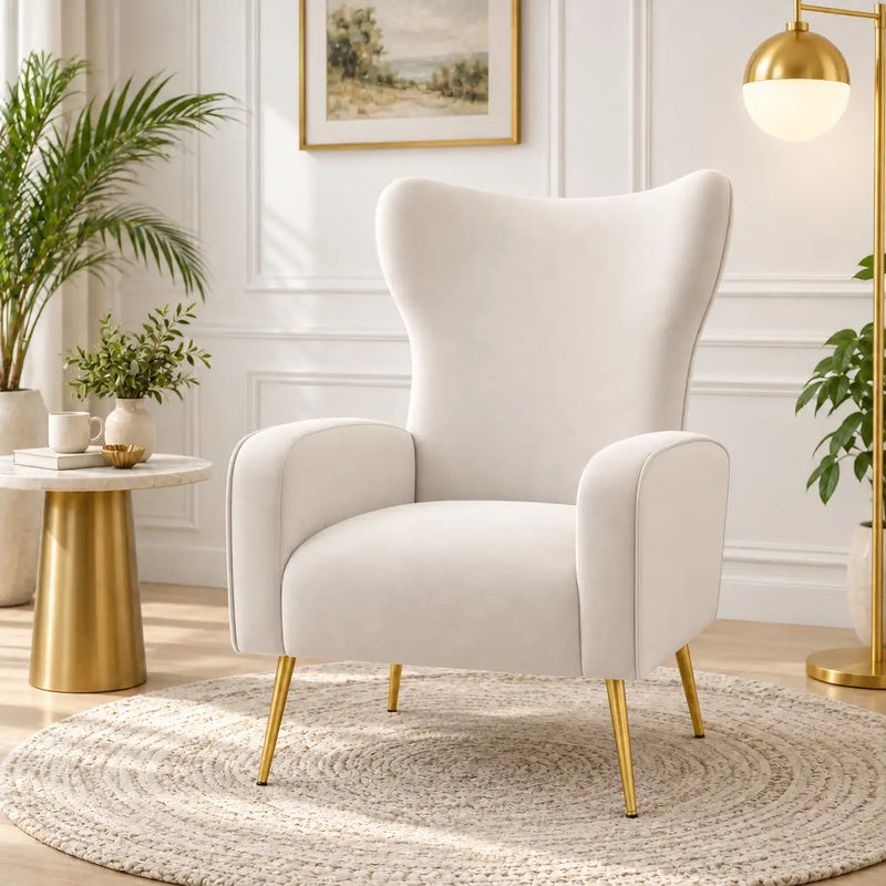 Elegant White Wingback Lounge Chair with Golden Metal Legs