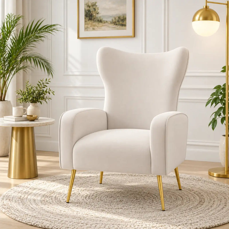 Elegant White Wingback Lounge Chair with Golden Metal Legs