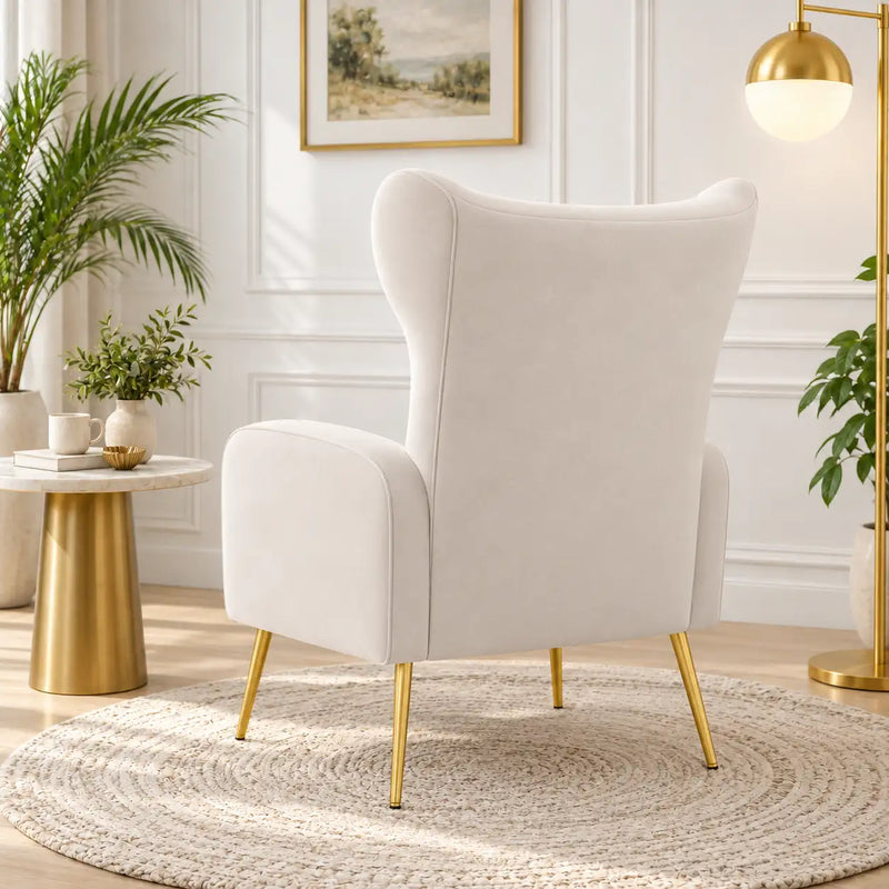 Elegant White Wingback Lounge Chair with Golden Metal Legs