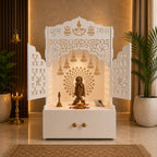Elegant White Wooden Floor Pooja Mandir with Laser-Cut Doors Shubh Labh Design & Storage Cabinet