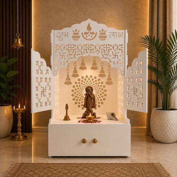 Elegant White Wooden Floor Pooja Mandir with Laser-Cut Doors Shubh Labh Design & Storage Cabinet