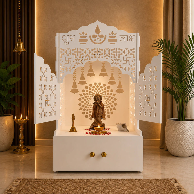 Elegant White Wooden Floor Pooja Mandir with Laser-Cut Doors Shubh Labh Design & Storage Cabinet