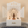 Elegant White Wooden Floor Pooja Mandir with Laser-Cut Doors Shubh Labh Design & Storage Cabinet