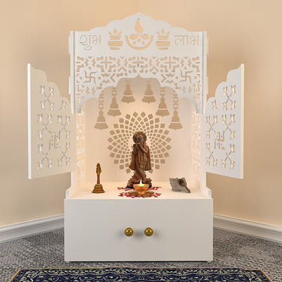 Elegant White Wooden Floor Pooja Mandir with Laser-Cut Doors Shubh Labh Design & Storage Cabinet