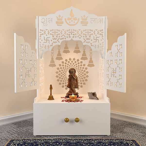 Elegant White Wooden Floor Pooja Mandir with Laser-Cut Doors Shubh Labh Design & Storage Cabinet