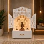 Elegant White Wooden Floor Pooja Mandir with Laser-Cut Doors Shubh Labh Design & Storage Cabinet