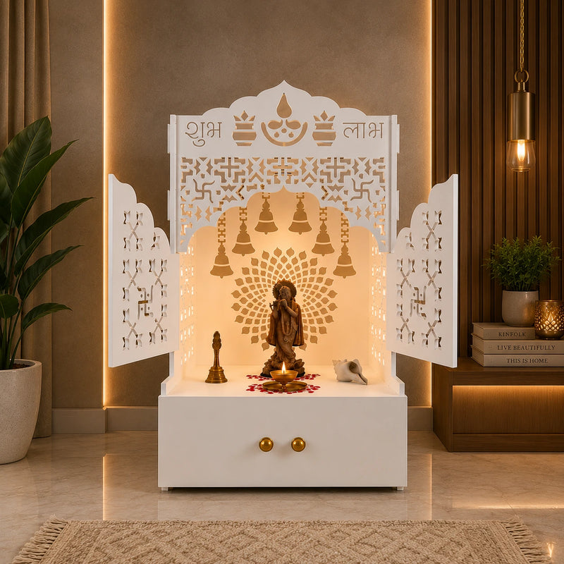 Elegant White Wooden Floor Pooja Mandir with Laser-Cut Doors Shubh Labh Design & Storage Cabinet