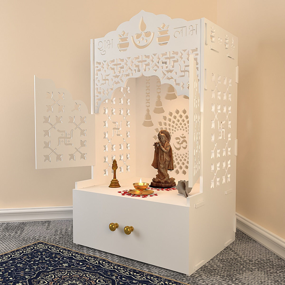 Elegant White Wooden Floor Pooja Mandir with Laser-Cut Doors Shubh Labh Design & Storage Cabinet