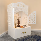 Elegant White Wooden Floor Pooja Mandir with Laser-Cut Doors Shubh Labh Design & Storage Cabinet
