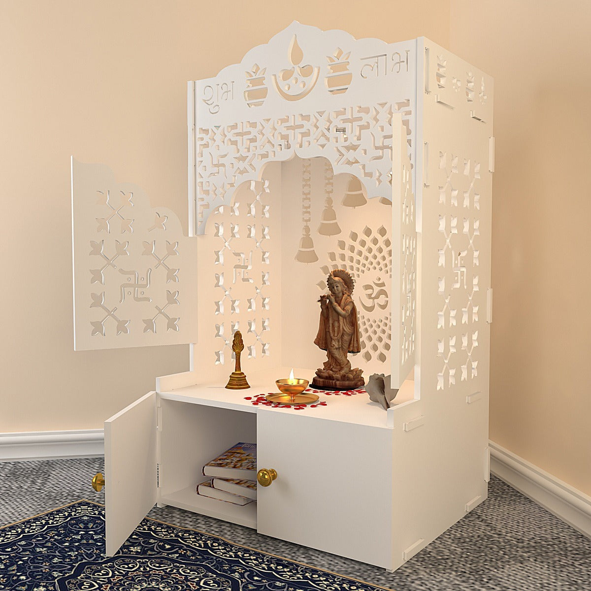 Elegant White Wooden Floor Pooja Mandir with Laser-Cut Doors Shubh Labh Design & Storage Cabinet