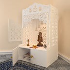 Elegant White Wooden Floor Pooja Mandir with Laser-Cut Doors Shubh Labh Design & Storage Cabinet