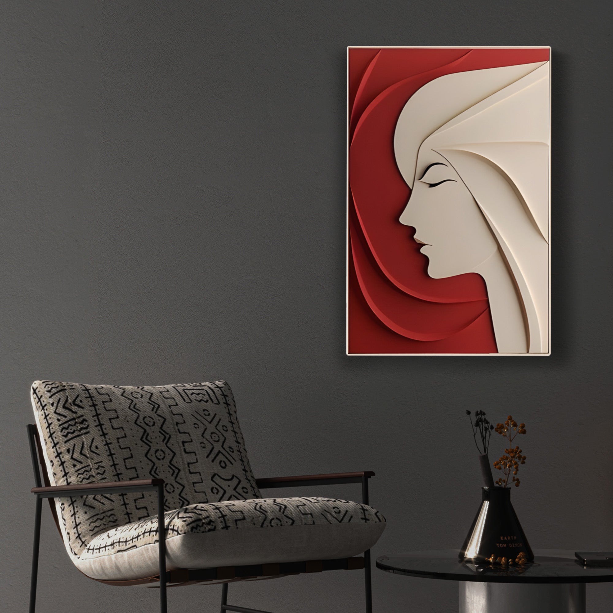 Elegant Woman Silhouette Minimal 3D Wall Art Red Beige