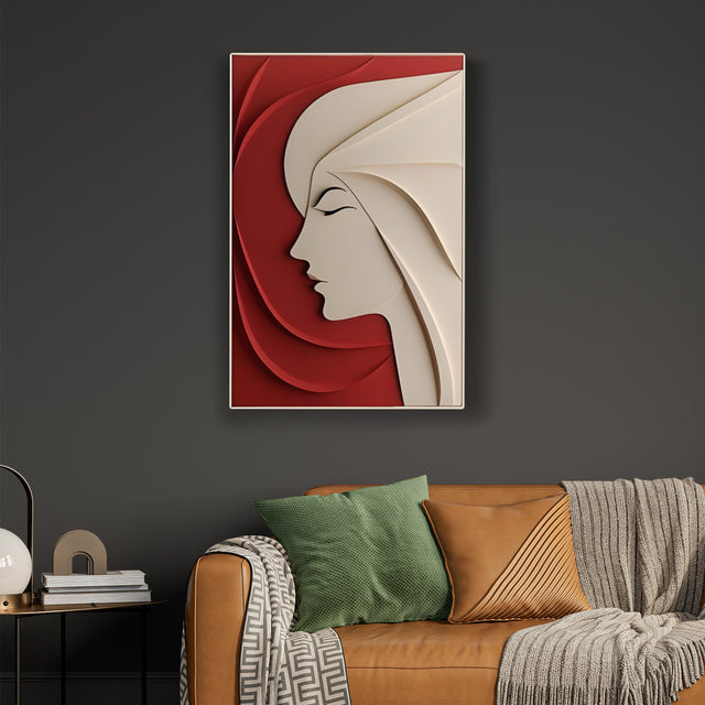 Elegant Woman Silhouette Minimal 3D Wall Art Red Beige
