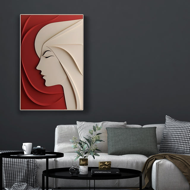 Elegant Woman Silhouette Minimal 3D Wall Art Red Beige
