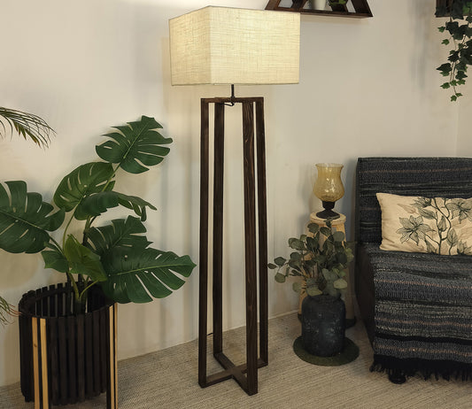 Elegant Wooden Floor Lamp with Brown Base and Beige Color Fabric