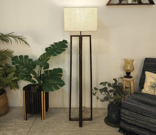 Elegant Wooden Floor Lamp with Brown Base and Beige Color Fabric