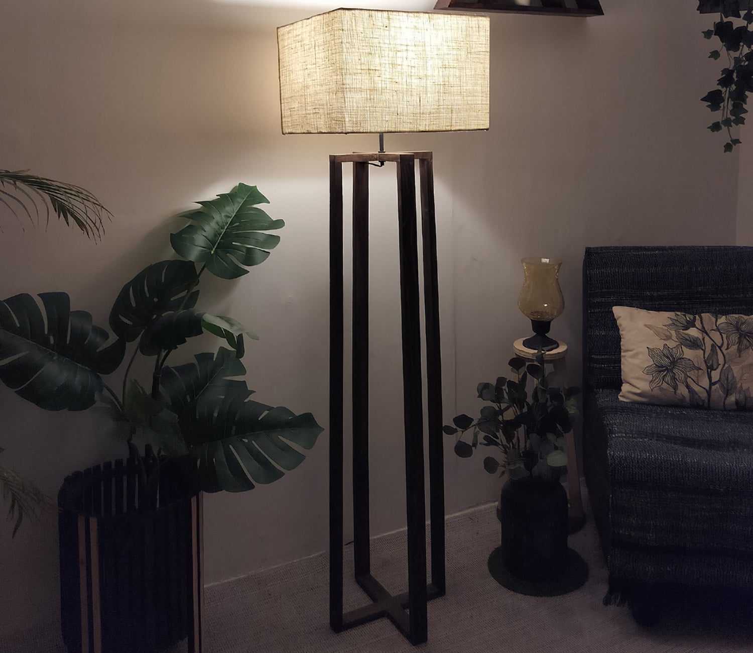 Elegant Wooden Floor Lamp with Brown Base and Beige Color Fabric