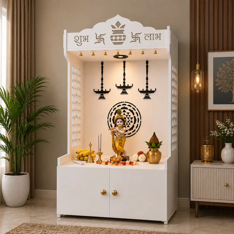 Elegant Wooden Floor Pooja Mandir with Laser-Cut Design with Storage Cabinet