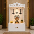 Elegant Wooden Floor Pooja Mandir with Laser-Cut Design with Storage Cabinet