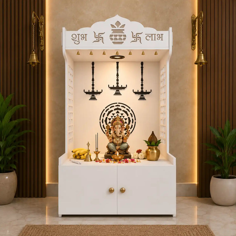 Elegant Wooden Floor Pooja Mandir with Laser-Cut Design with Storage Cabinet