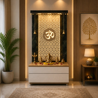 Elegant Wooden Temple with Om Cutwork and Dual Storage Drawers