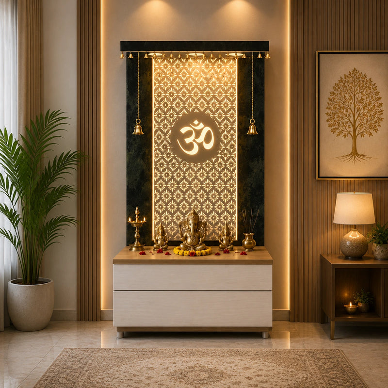 Elegant Wooden Temple with Om Cutwork and Dual Storage Drawers