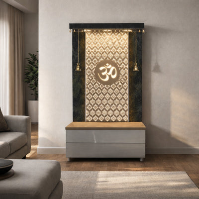 Elegant Wooden Temple with Om Cutwork and Dual Storage Drawers