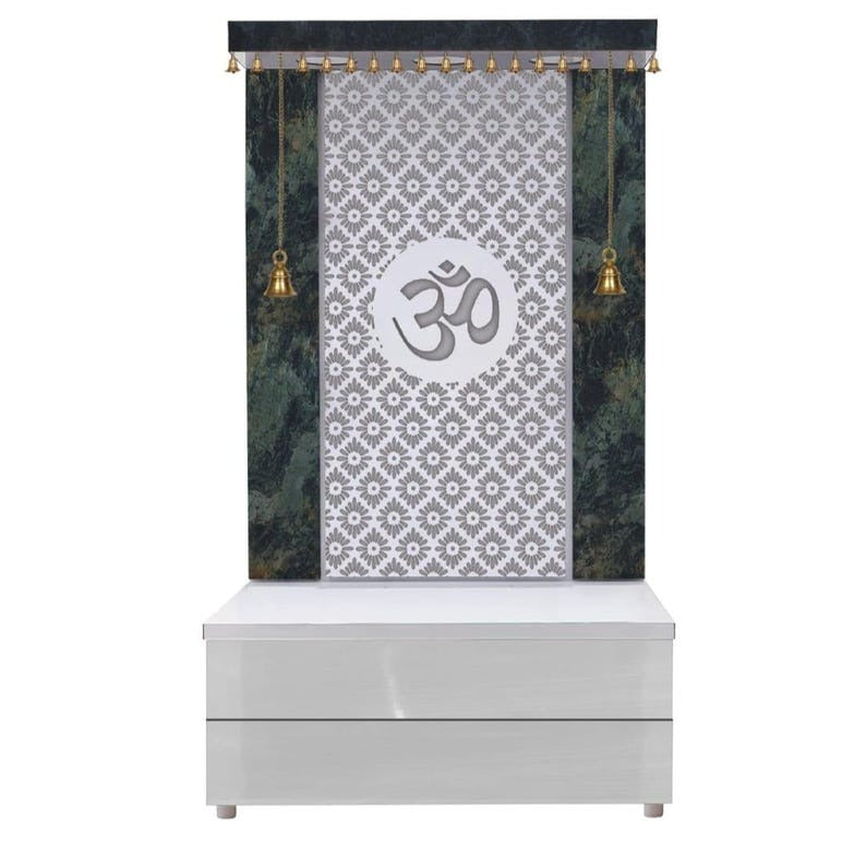 Elegant Wooden Temple with Om Cutwork and Dual Storage Drawers
