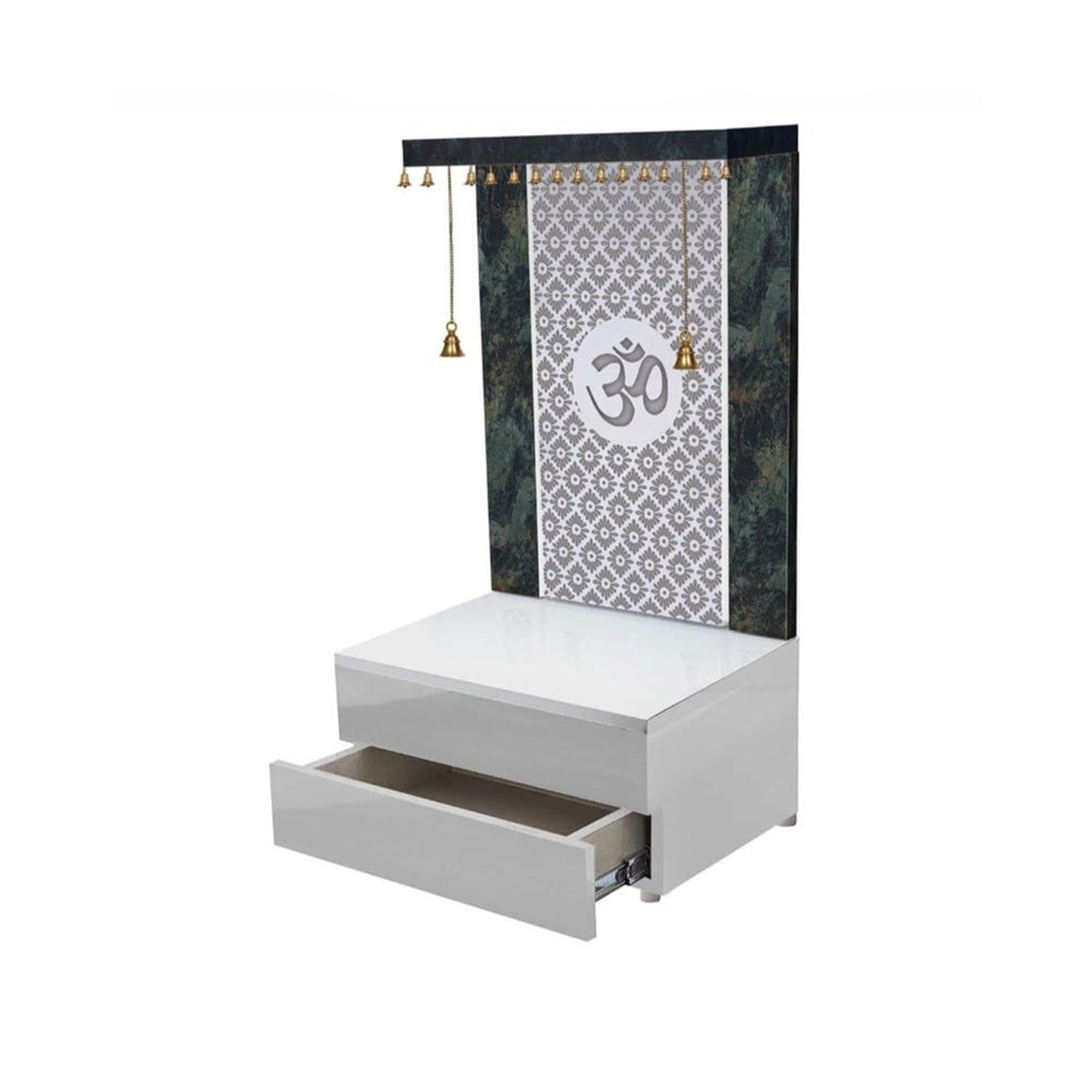Elegant Wooden Temple with Om Cutwork and Dual Storage Drawers