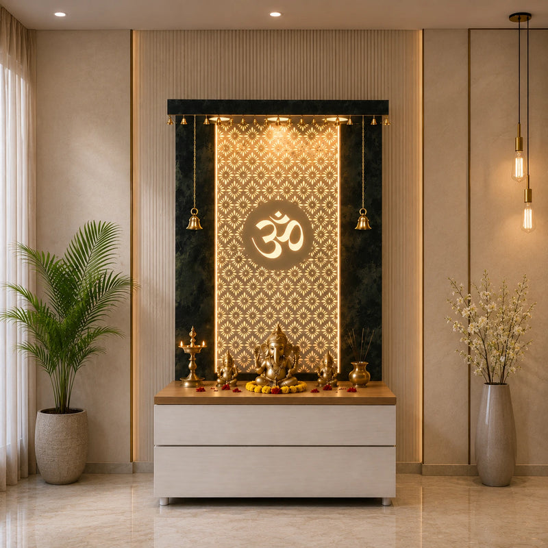 Elegant Wooden Temple with Om Cutwork and Dual Storage Drawers