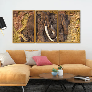 Elephant Family in the Forest Textured Art Floating Canvas Wall Painting Set of Three