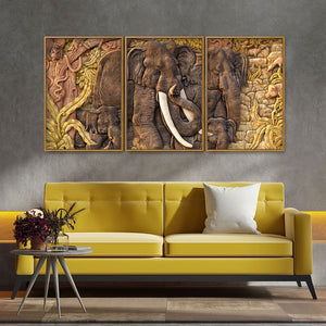 Elephant Family in the Forest Textured Art Floating Canvas Wall Painting Set of Three