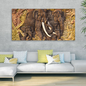 Elephant Family in the Forest Textured Art Premium Wall Painting