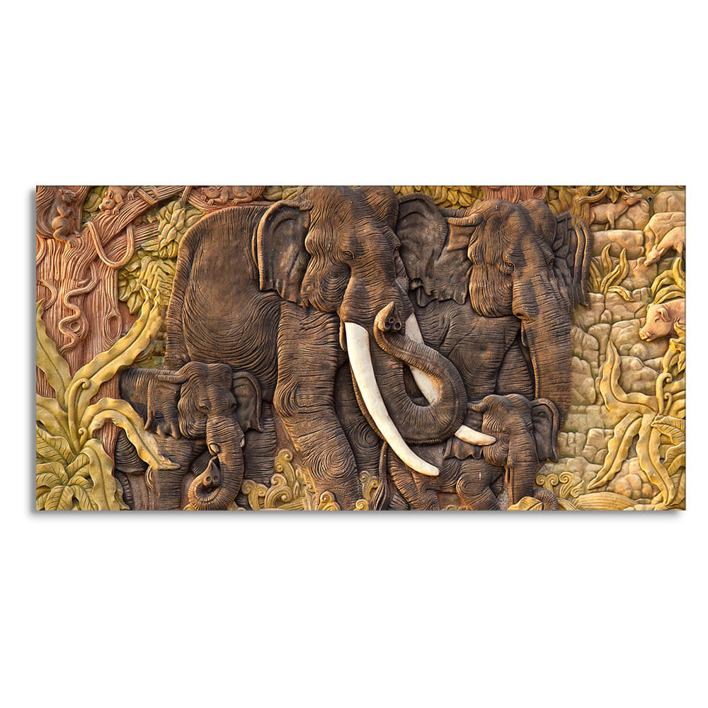 Elephant Family in the Forest Textured Art Premium Wall Painting