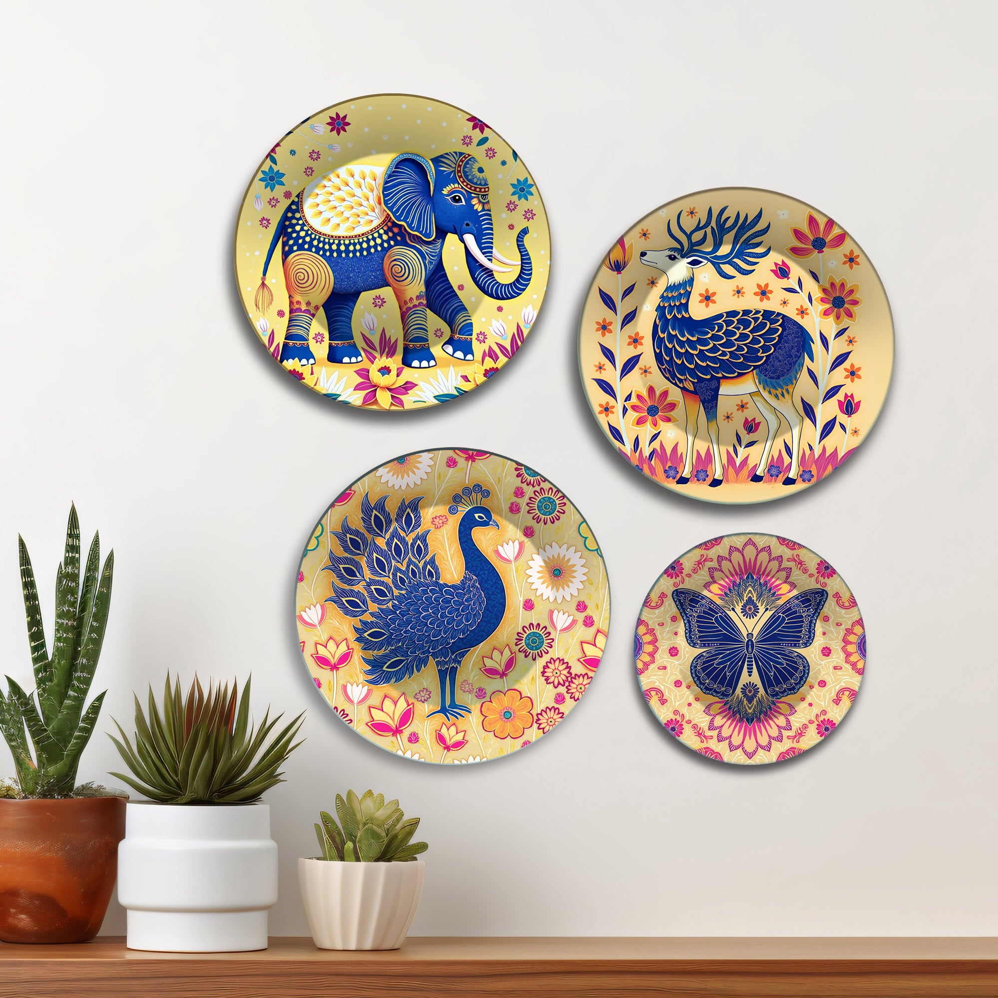 Elephant, Peacock & Butterfly Premium Wall Plates Painting Set of Four