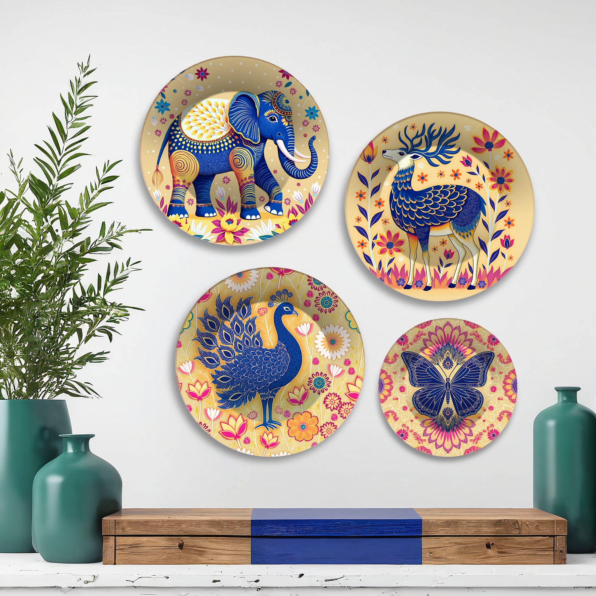 Elephant, Peacock & Butterfly Premium Wall Plates Painting Set of Four