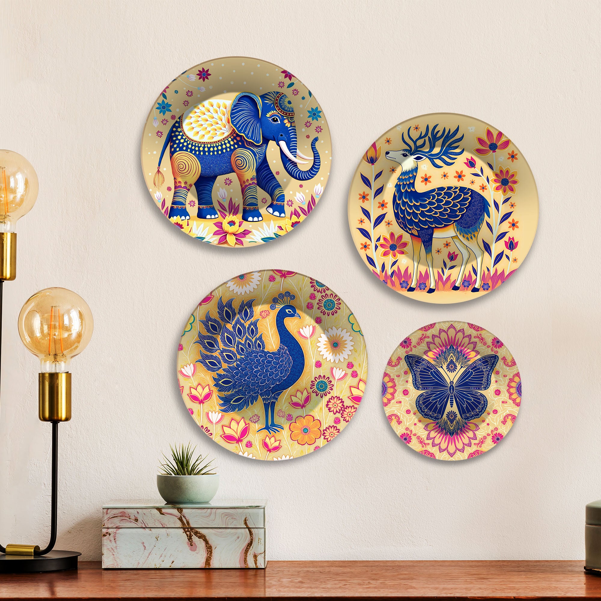 Elephant, Peacock & Butterfly Premium Wall Plates Painting Set of Four