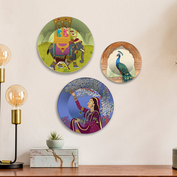 Elephant Ride Peacock & Lady Premium Wall Plates Painting Set of 3