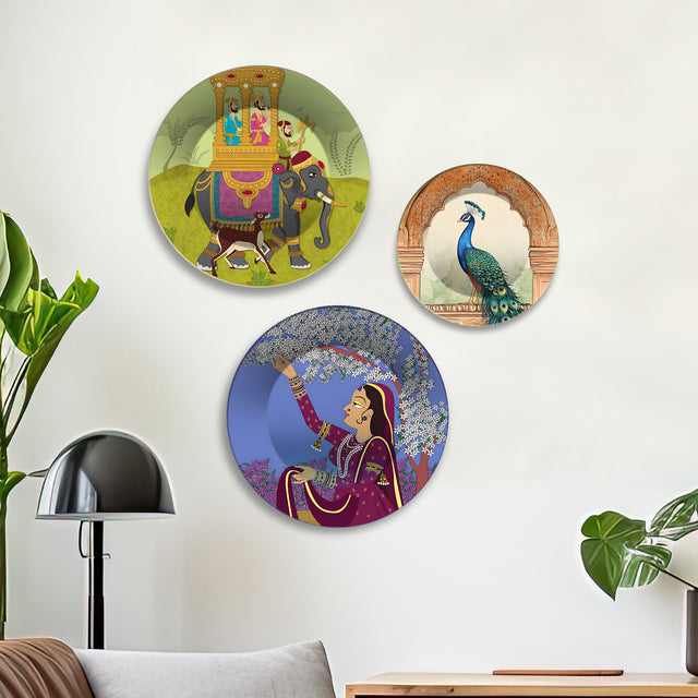 Elephant Ride Peacock & Lady Premium Wall Plates Painting Set of 3