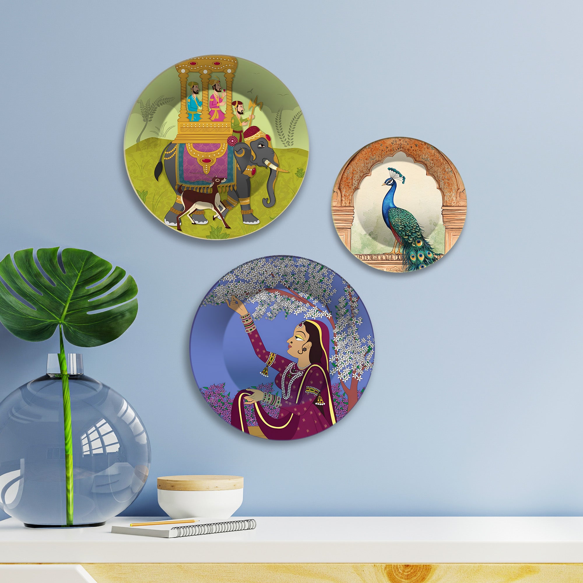 Elephant Ride Peacock & Lady Premium Wall Plates Painting Set of 3