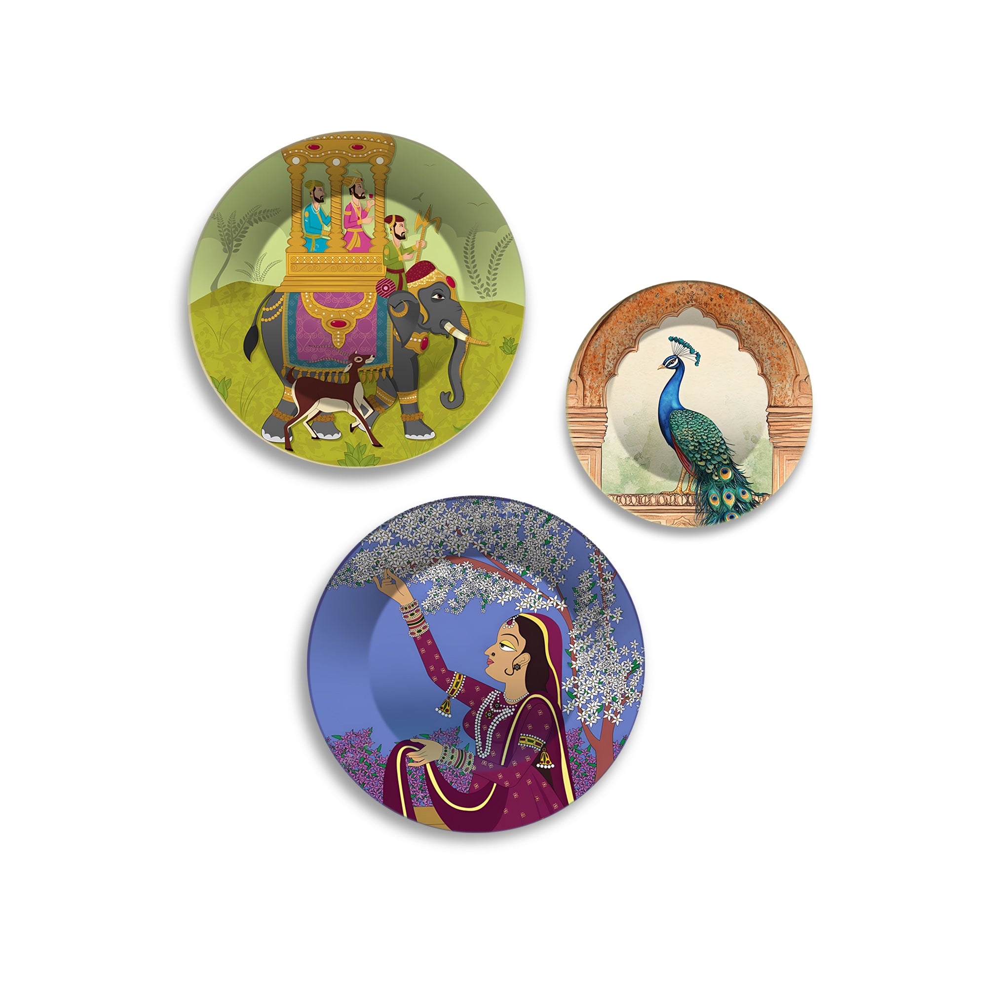 Elephant Ride Peacock & Lady Premium Wall Plates Painting Set of 3