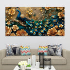 Eloquent Royal Peacock in Golden Blossom Garden Premium Canvas Wall Painting