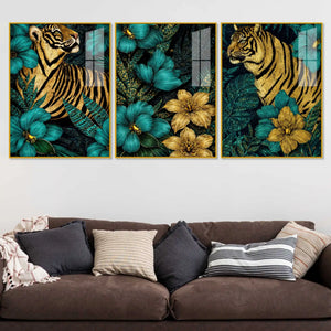 Emerald Garden Tigers Acrylic Floating Frame Wall Painting Set of 3