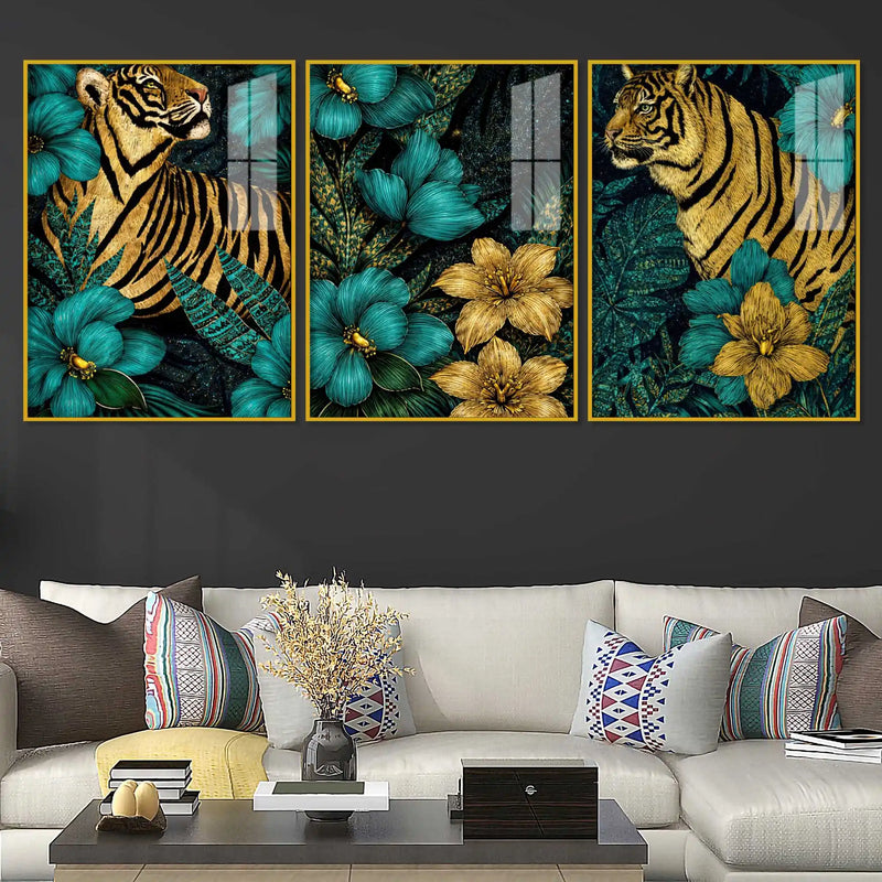Emerald Garden Tigers Acrylic Floating Frame Wall Painting Set of 3