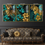 Emerald Garden Tigers Acrylic Floating Frame Wall Painting Set of 3