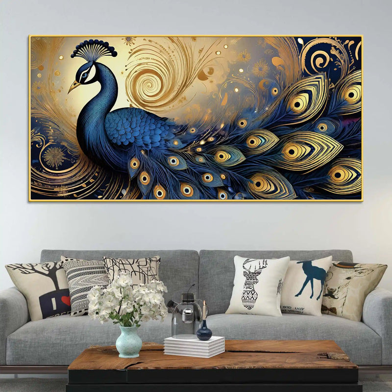Enchanted Peacock Surrounded by Waves of Gold Canvas Wall Painting