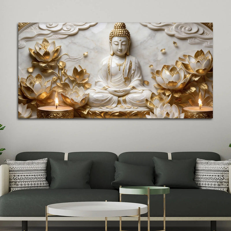 Enlightened Buddha Among Golden Lotus Flowers 3D Canvas Wall Painting