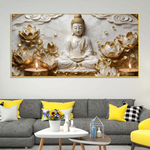 Enlightened Buddha Among Golden Lotus Flowers 3D Canvas Wall Painting