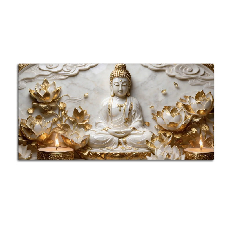 Enlightened Buddha Among Golden Lotus Flowers 3D Canvas Wall Painting