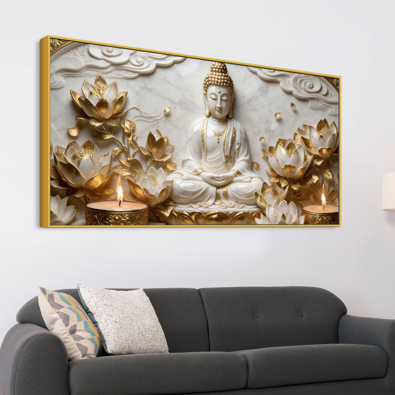 Enlightened Buddha Among Golden Lotus Flowers 3D Canvas Wall Painting